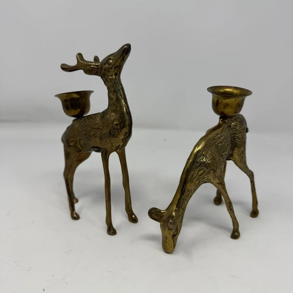 Vintage Solid Brass Deer Candle Holder Set Buck and Doe Mid Century Modern‎ Gold